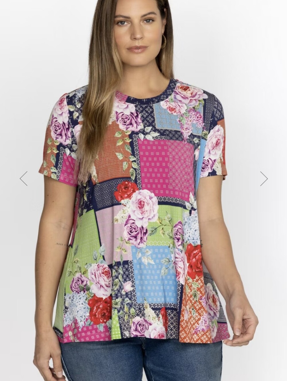 Johnny Was Multi-Color Floral Patchwork Short Sleeve Top